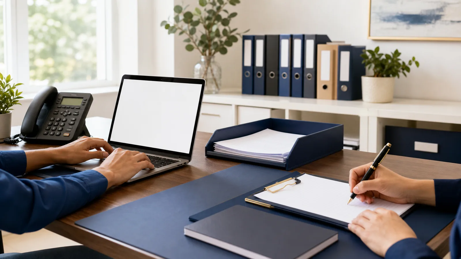 Trust office contact support desk with laptop and phone