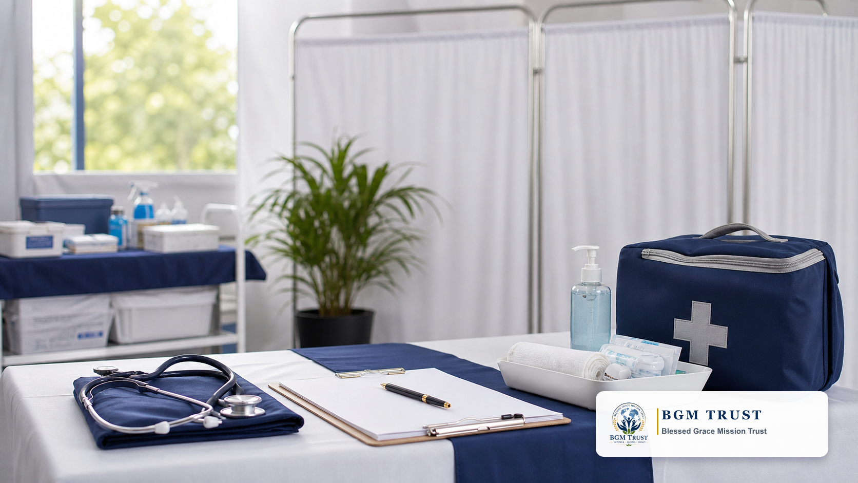 Community health camp desk with medical supplies