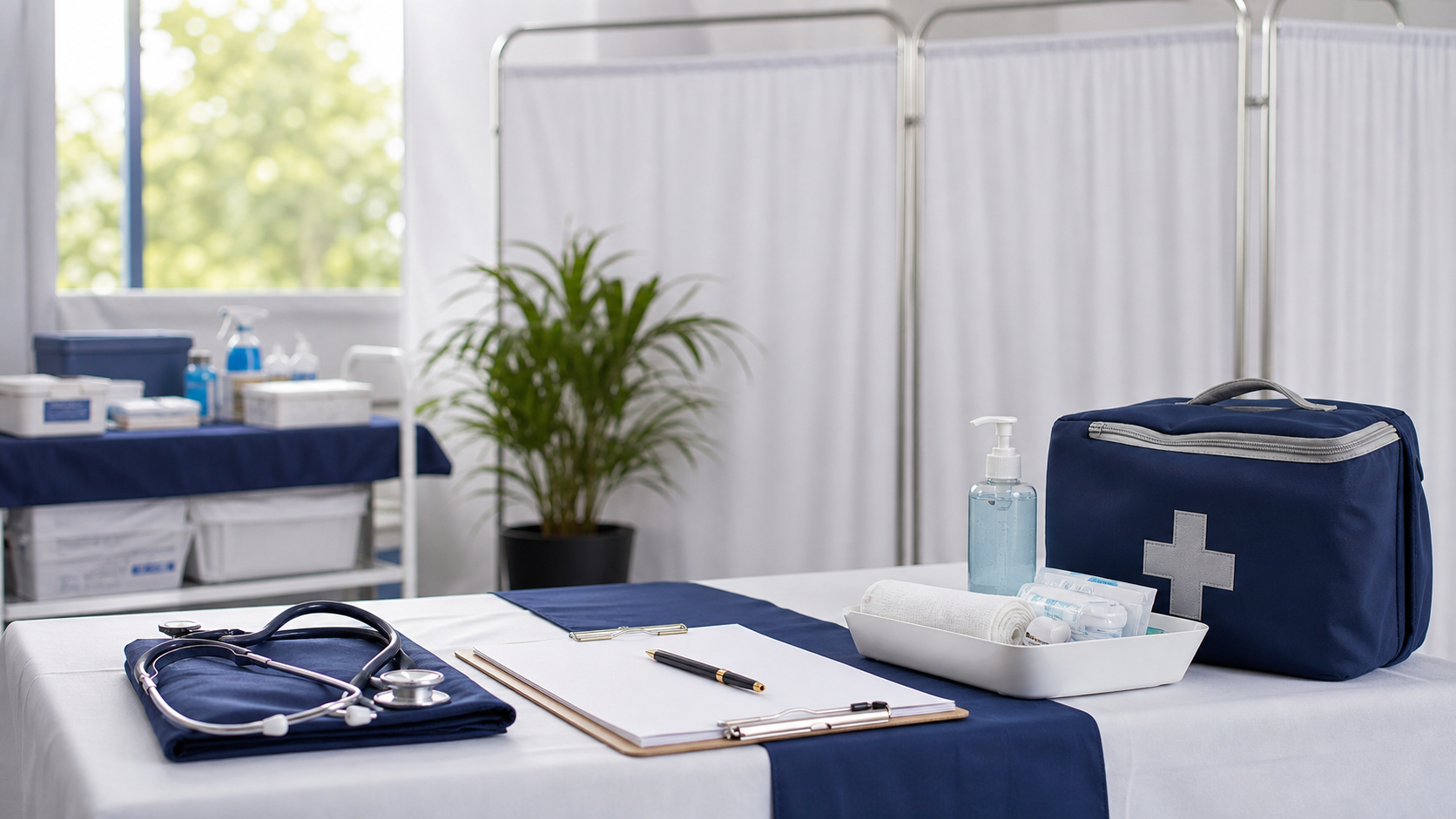 Community health camp desk with medical supplies