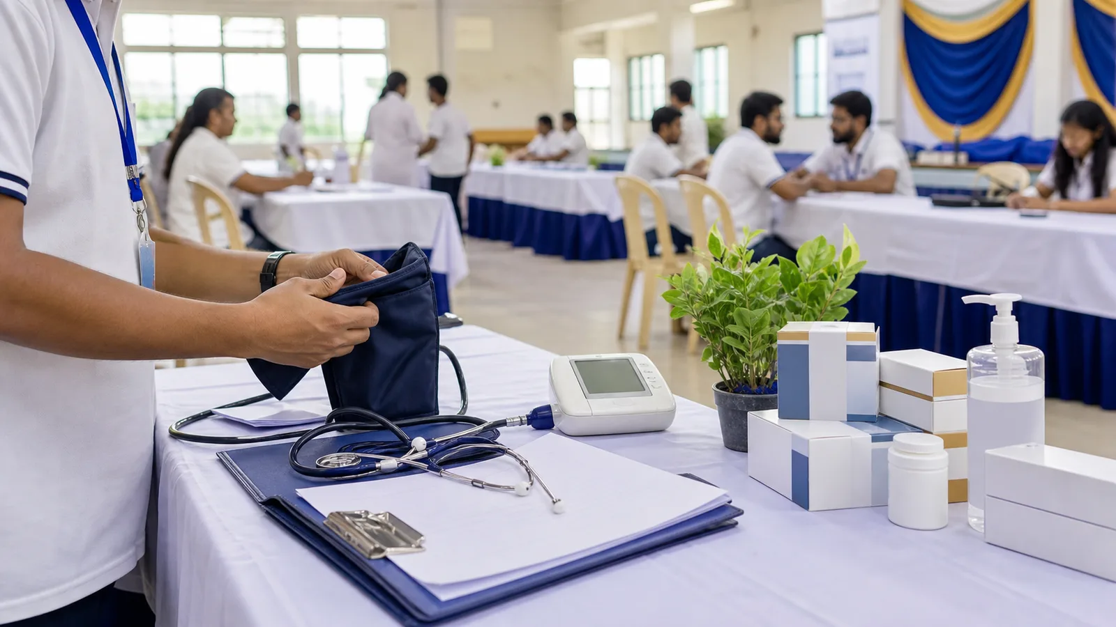 Community health camp desk with medical supplies