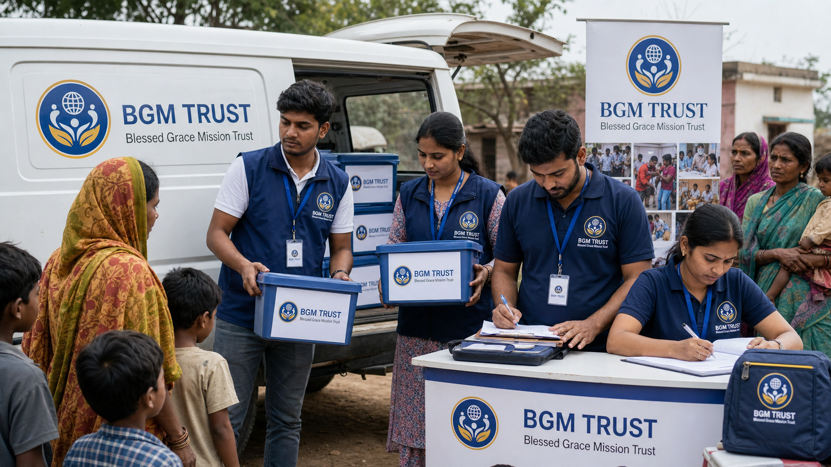 BGM TRUST field volunteers with ID cards coordinating service kits