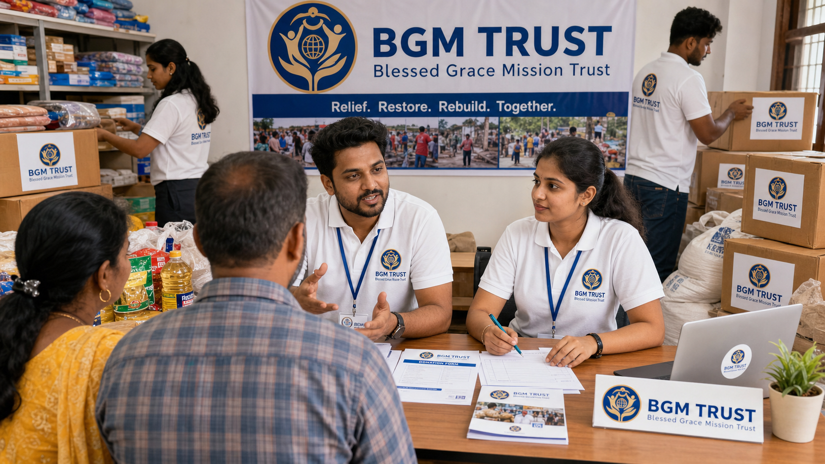 BGM TRUST campaign volunteers with ID cards preparing relief supplies