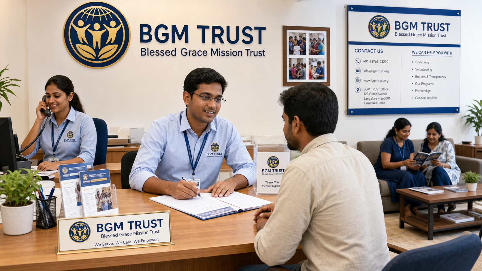 BGM TRUST office staff with ID cards assisting a visitor