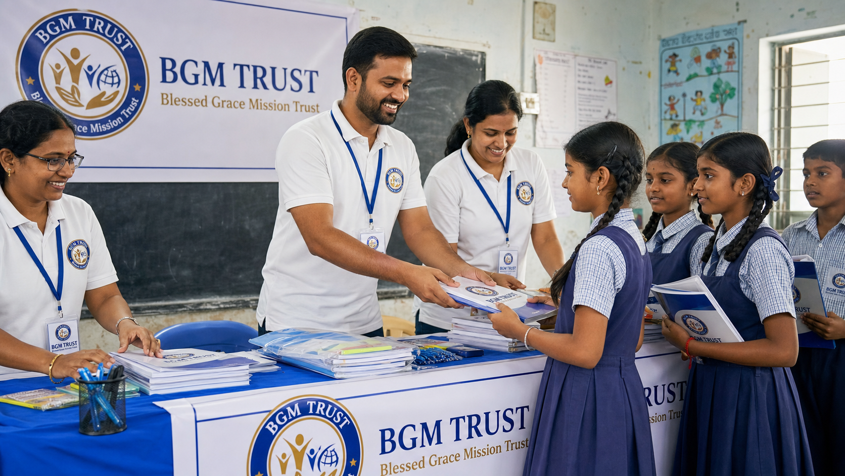 BGM TRUST volunteers with ID cards supporting students with school supplies