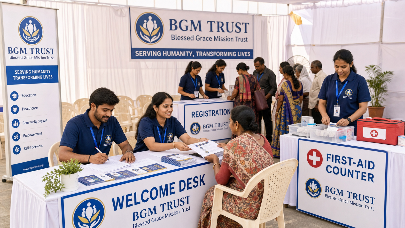 BGM TRUST event volunteers with ID cards preparing a welcome desk