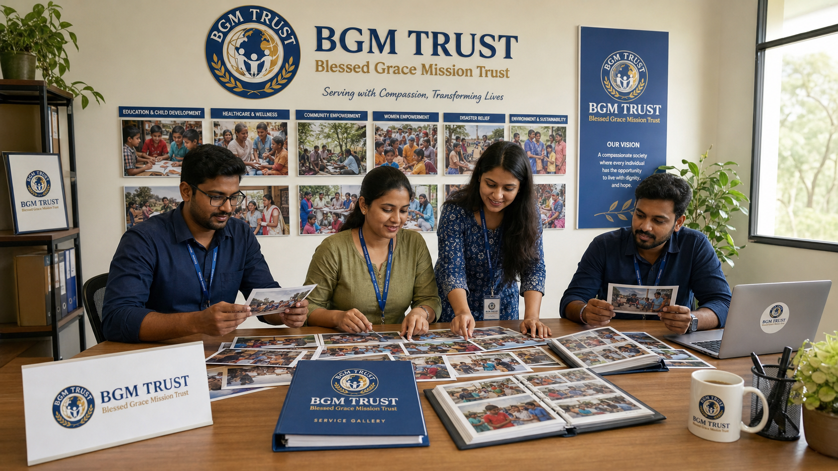 BGM TRUST volunteers with ID cards reviewing service gallery photos