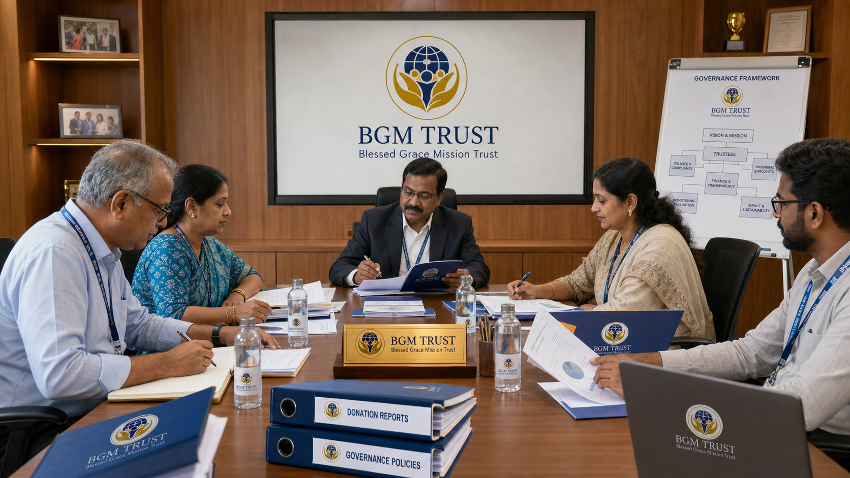 BGM TRUST governance meeting with trustees wearing ID cards and reviewing reports