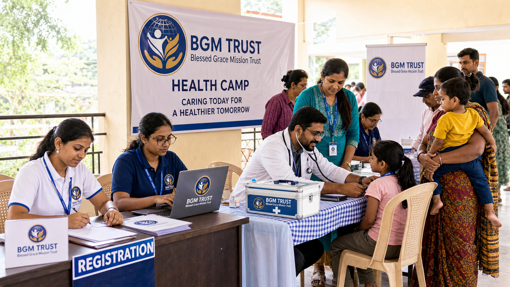 BGM TRUST health camp with staff ID cards and families receiving care