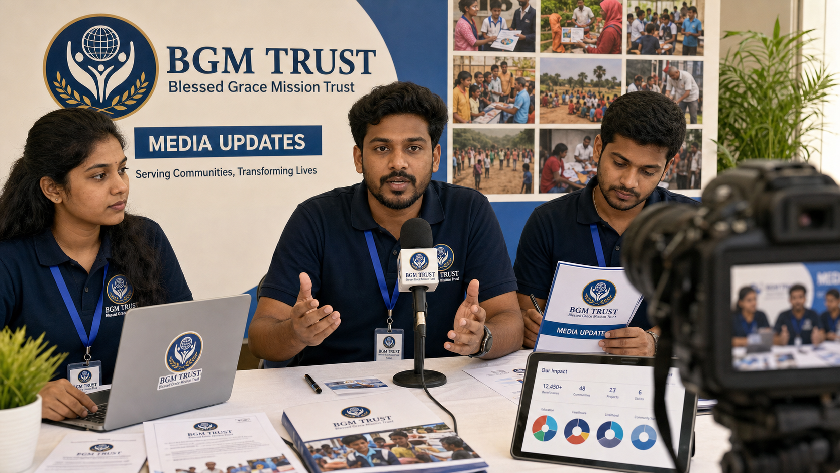 BGM TRUST media team with ID cards recording a public update