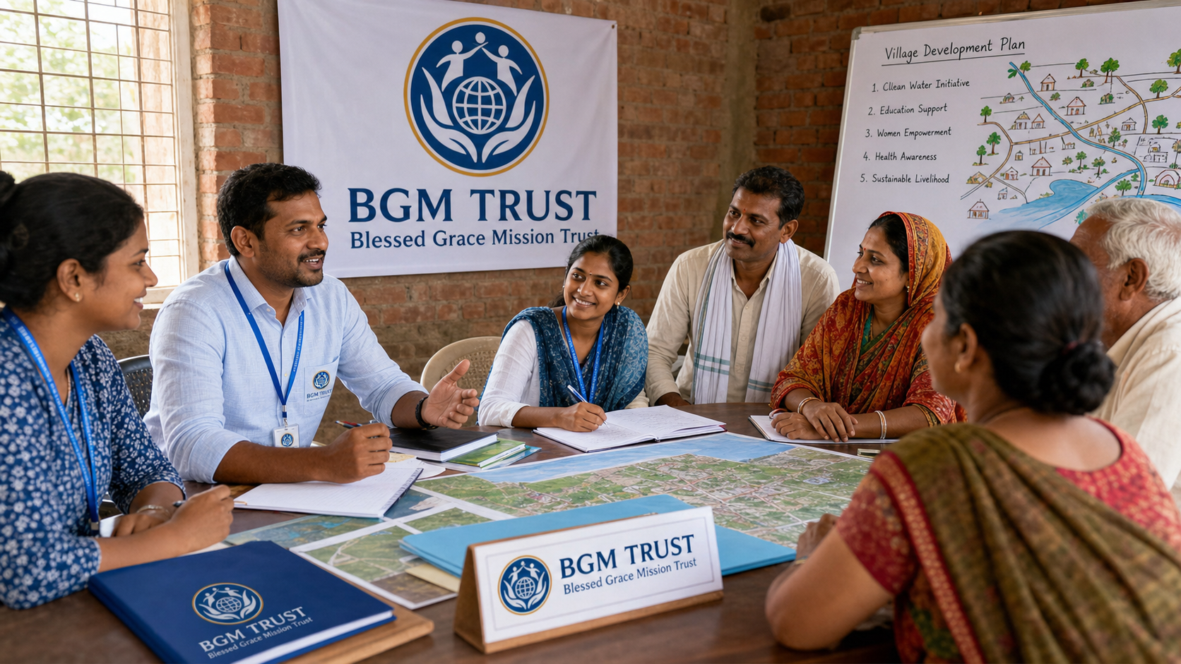 BGM TRUST community project planning meeting with branded ID cards