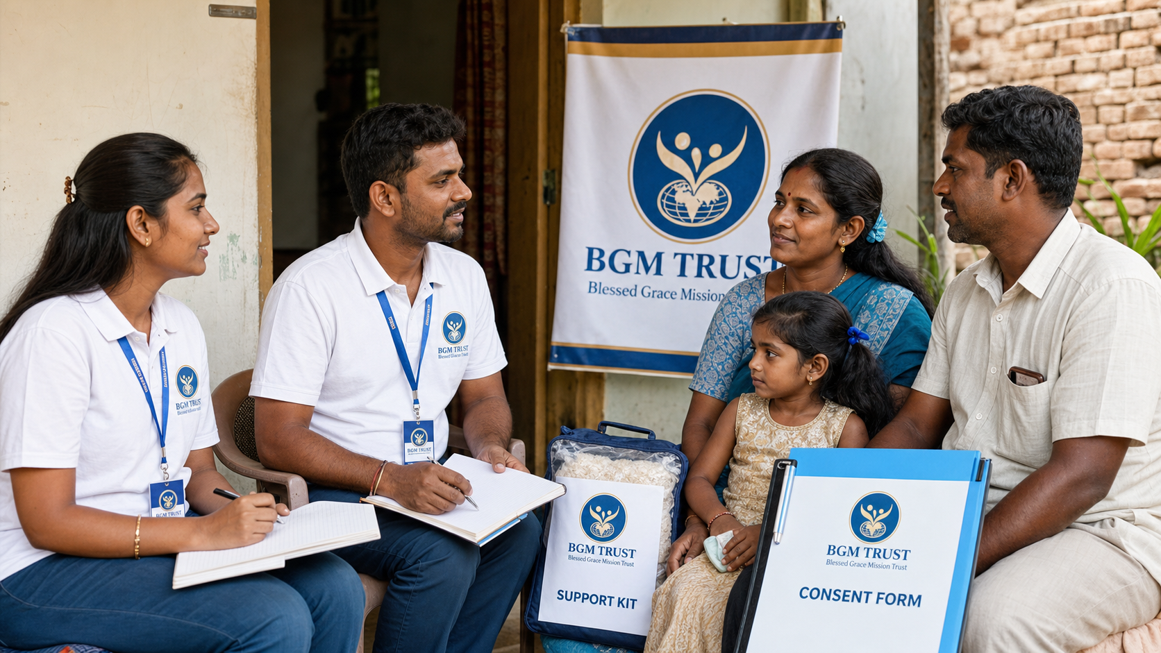BGM TRUST volunteers with ID cards documenting a beneficiary success story