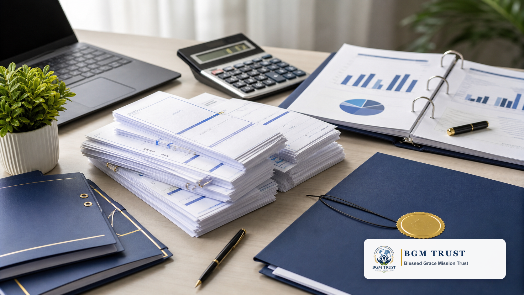 Donation records and accountability reports arranged on a desk