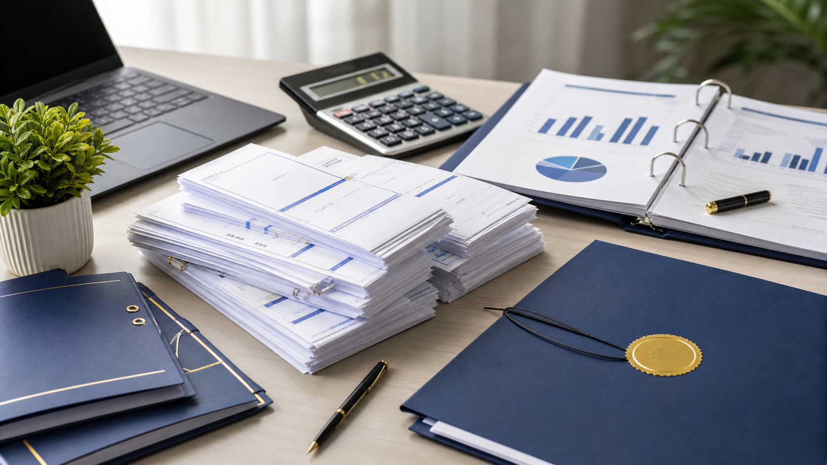Donation records and accountability reports arranged on a desk