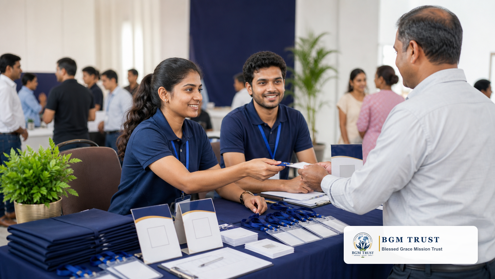 Volunteer service coordination table with ID cards and forms