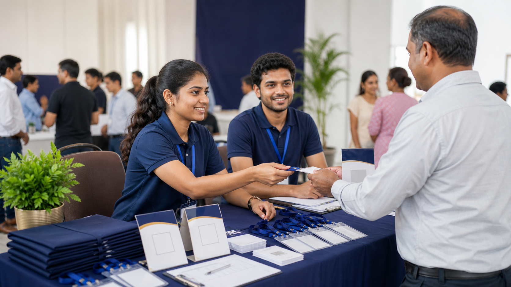 Volunteer service coordination table with ID cards and forms