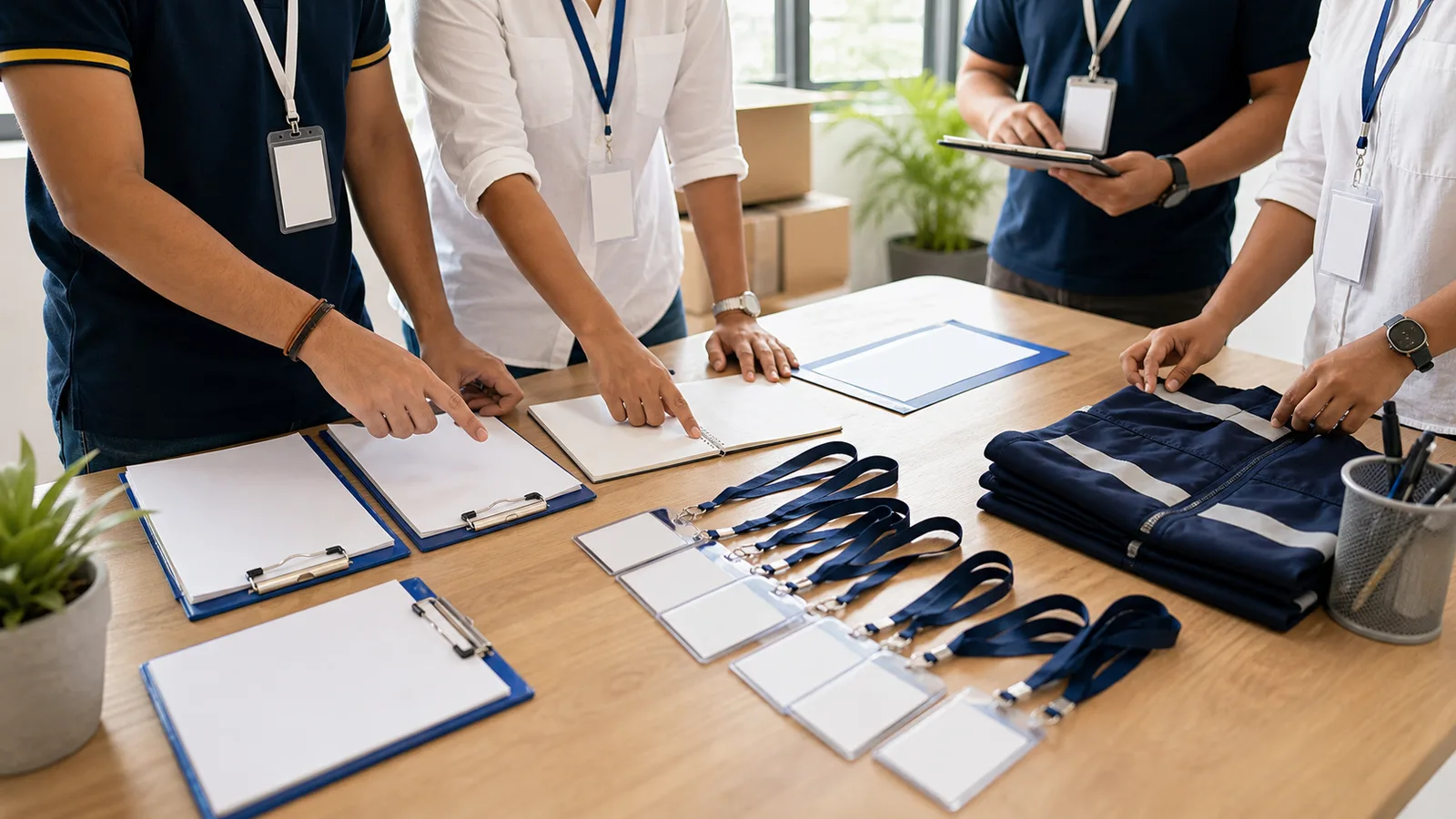 Volunteer service coordination table with ID cards and forms